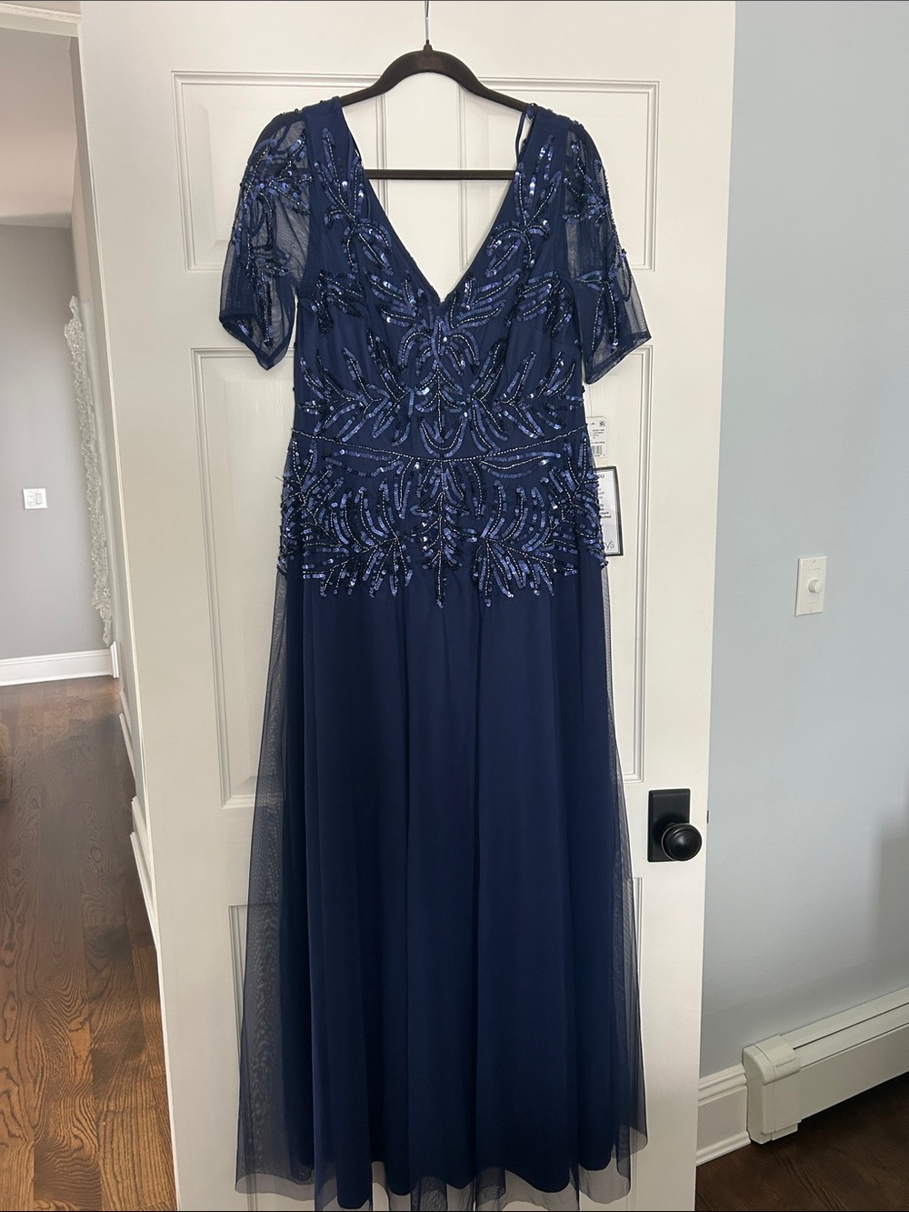 Papell Boutique Navy Beaded Tulle Maxi Dress